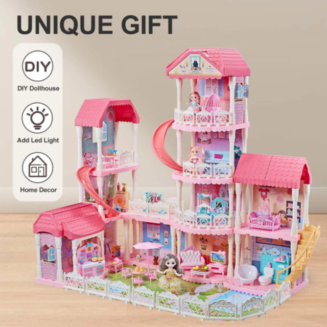 Căsuță de Păpuși cu 4 Etaje, Tobogane și Mobilier – Castel de Vis pentru Fetițe