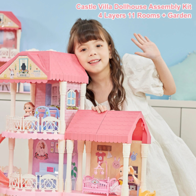 Căsuță de Păpuși cu 4 Etaje, Tobogane și Mobilier – Castel de Vis pentru Fetițe