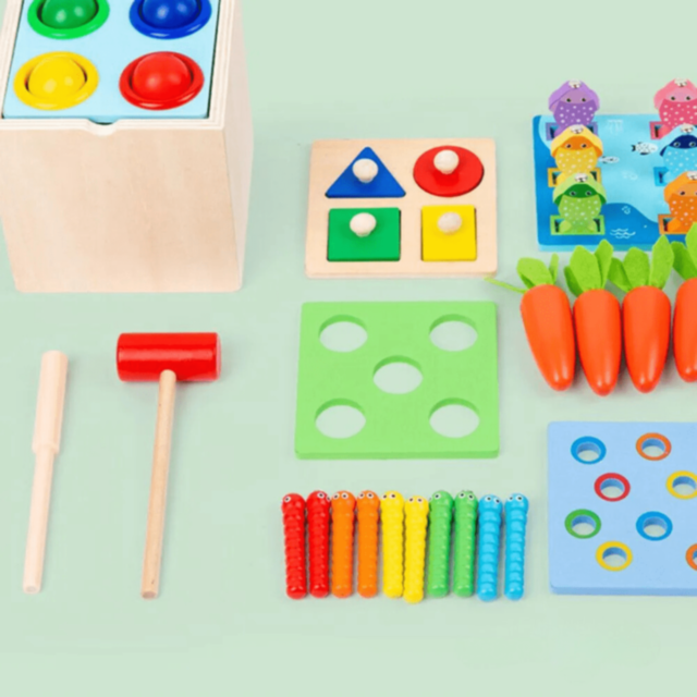 Cub Montessori Lemn 8 în 1 cu Legume și Pescuit