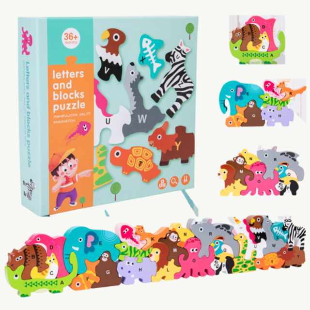 Puzzle din Lemn cu Animale și Alfabet – Joc Educativ