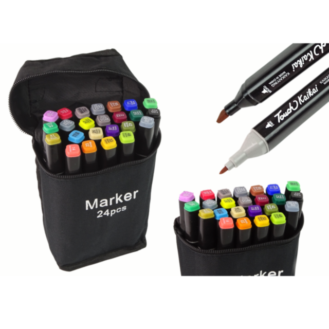 Set de 24 Markere Colorate Dublu Vârf cu Husă Compactă