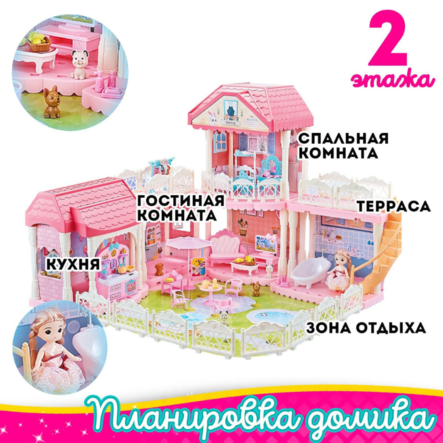 Casă de Păpuși cu 3 Etaje, Mobilier și Păpuși Incluse – Castelul Roz de Joacă