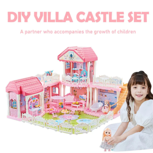 Casă de Păpuși cu 3 Etaje, Mobilier și Păpuși Incluse – Castelul Roz de Joacă