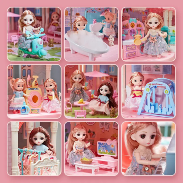 Casă de Păpuși cu 3 Etaje, Mobilier și Păpuși Incluse – Castelul Roz de Joacă