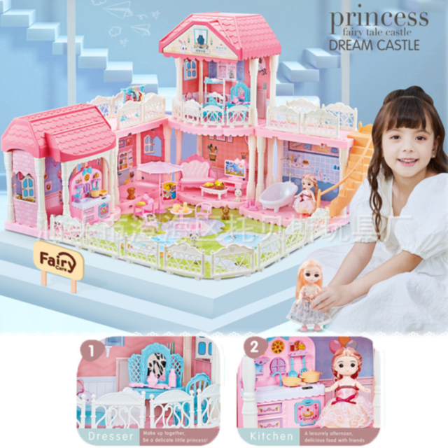 Casă de Păpuși cu 3 Etaje, Mobilier și Păpuși Incluse – Castelul Roz de Joacă