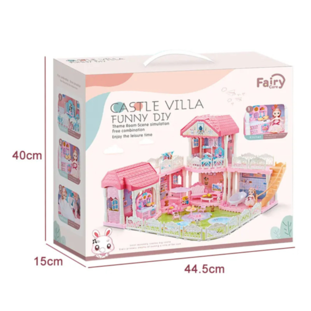 Casă de Păpuși cu 3 Etaje, Mobilier și Păpuși Incluse – Castelul Roz de Joacă