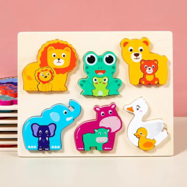 Puzzle de lemn cu animale și puii lor