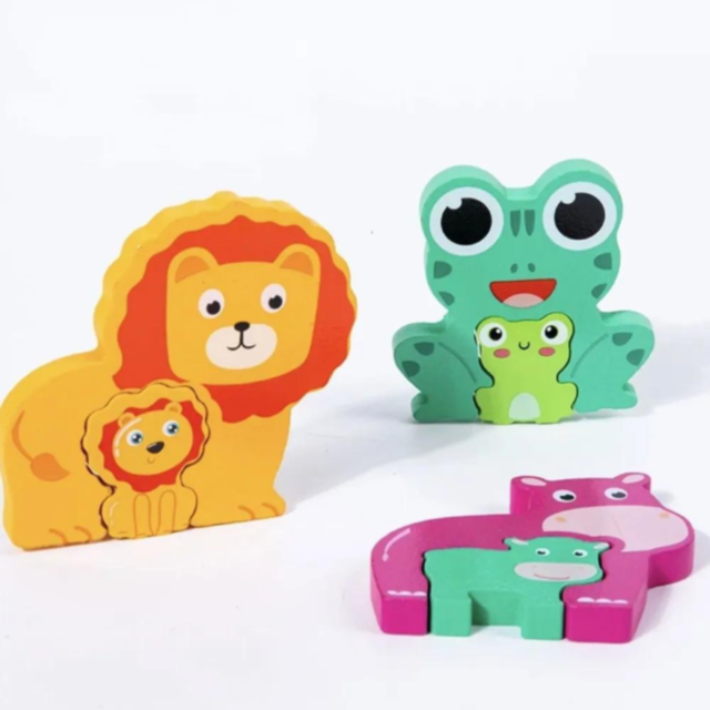 Puzzle de lemn cu animale și puii lor