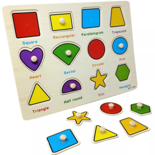 Puzzle din Lemn cu Forme Geometrice și Tablă de Scris