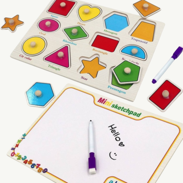 Puzzle din Lemn cu Forme Geometrice și Tablă de Scris