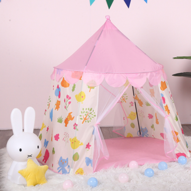 Căsuță de Joacă Roz Tip Cort pentru Copii, Model Animale Colorate, 125 cm