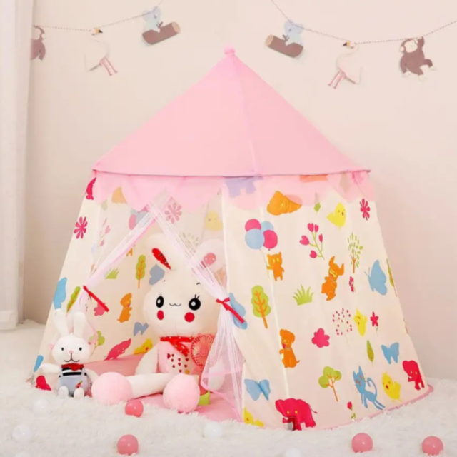 Căsuță de Joacă Roz Tip Cort pentru Copii, Model Animale Colorate, 125 cm