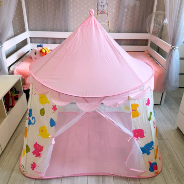 Căsuță de Joacă Roz Tip Cort pentru Copii, Model Animale Colorate, 125 cm
