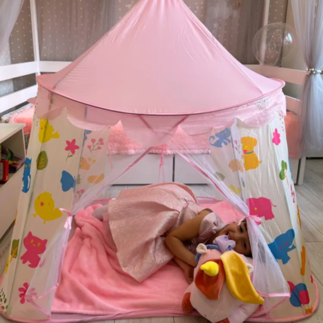 Căsuță de Joacă Roz Tip Cort pentru Copii, Model Animale Colorate, 125 cm