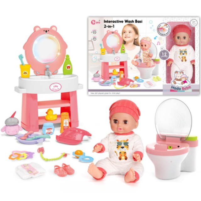 Păpușă Interactivă cu Toaletă și Chiuvetă cu Lumini și Sunete – Set Complet de Îngrijire 2 în 1