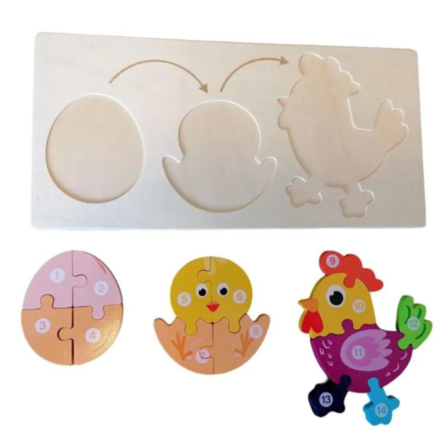Puzzle evolutiv ou-pui-găină din lemn