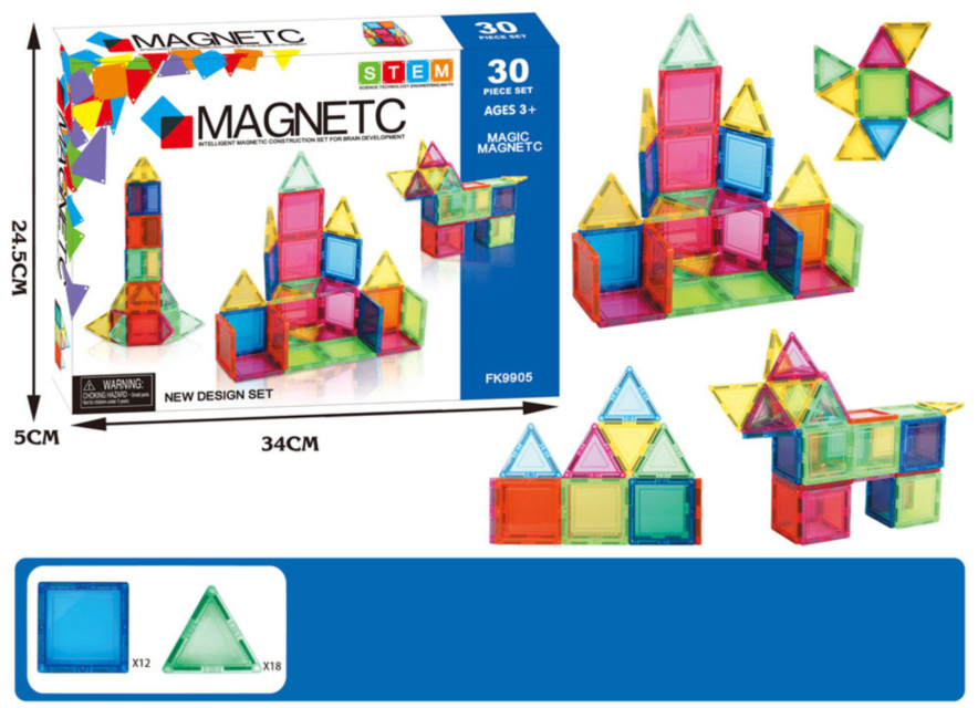 Set Construcție Magnetic cu Figuri Geometrice, 30 piese