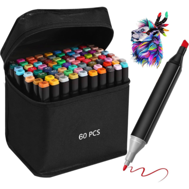 Set de 60 Markere Colorate Dublu Vârf cu Husă Practică