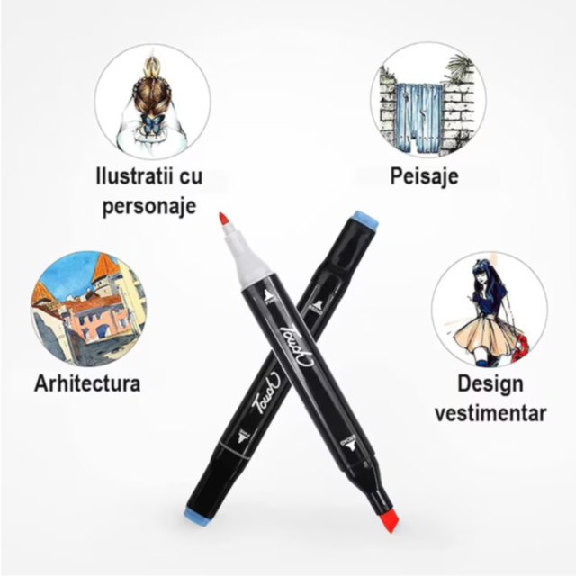 Set de 60 Markere Colorate Dublu Vârf cu Husă Practică