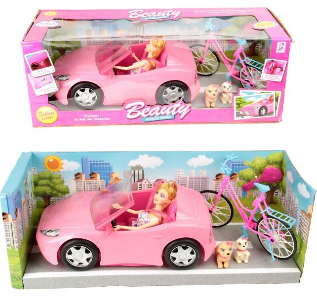 Set Papușa cu Masină, Bicicletă și Cățeluși 