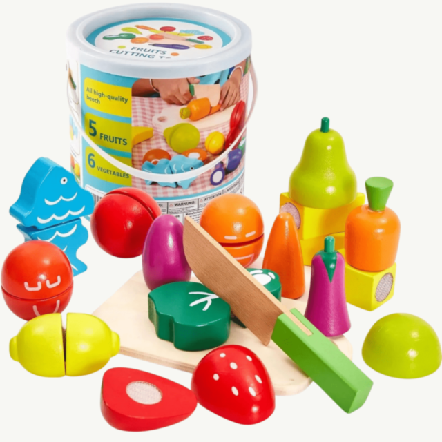 Set Fructe și Legume din Lemn de Tăiat – 27 piese