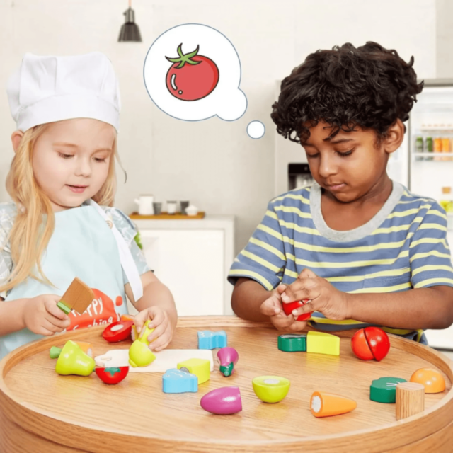 Set Fructe și Legume din Lemn de Tăiat – 27 piese