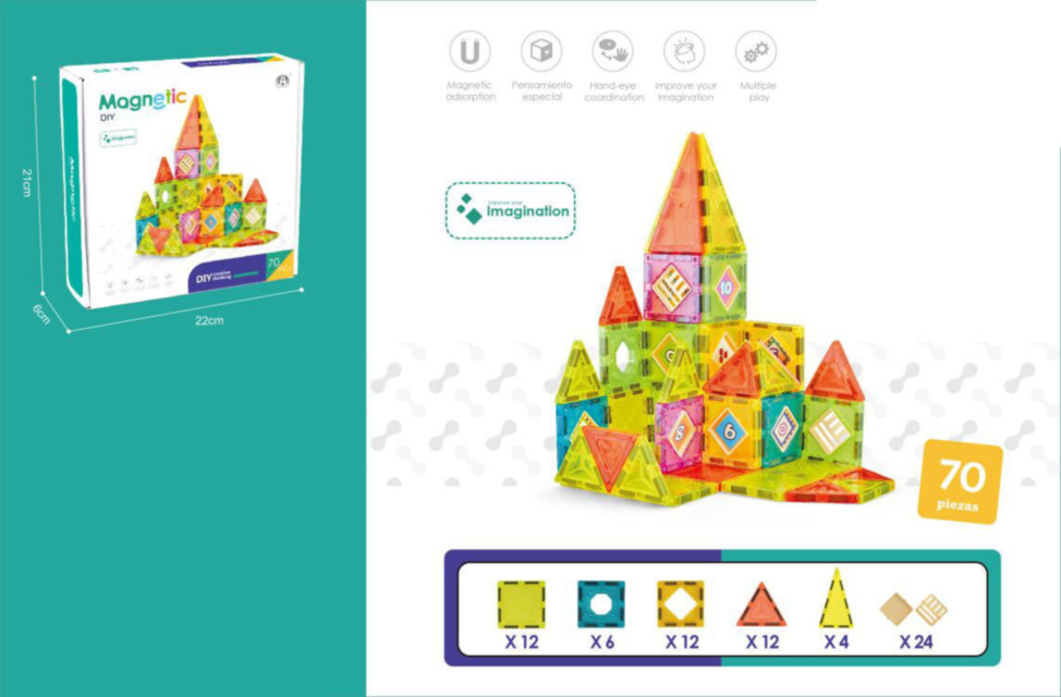 Constructor Magnetic cu Figuri Geometrice, 70 piese