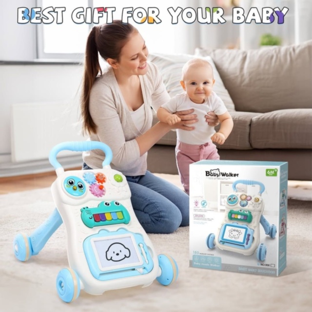 Premergător bebe multifuncțional cu panou activități muzicale (albastru deschis)