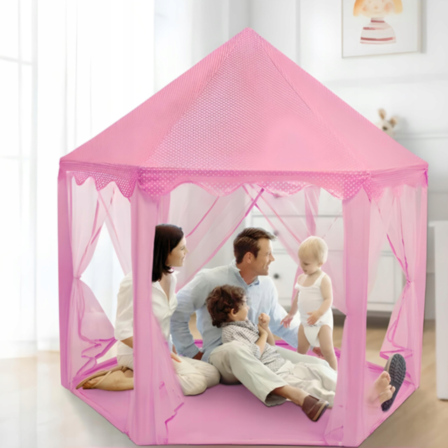 Căsuță de Joacă Tip Cort Roz pentru Copii, Design de Castel cu Plasă și Decor de Prințesă 