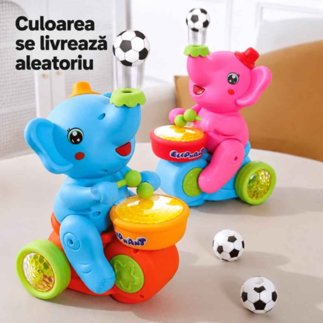 Elefant toboșar interactiv cu lumini, sunete și minge (culoare aleatorie) 
