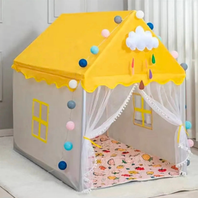 Căsuță de Joacă pentru Copii, Tip Căsuță Galbenă cu Ferestre și Draperii, Design de Poveste 