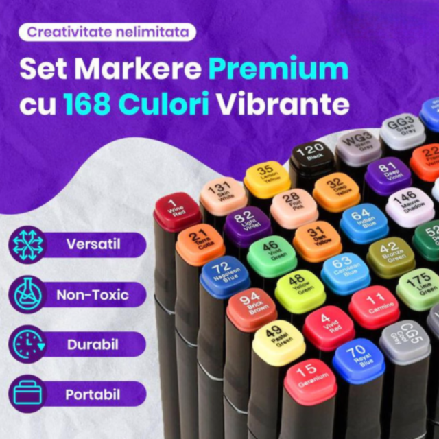 Set de Markere cu 168 Culori Vibrante – Ideal pentru Desen și Ilustrații