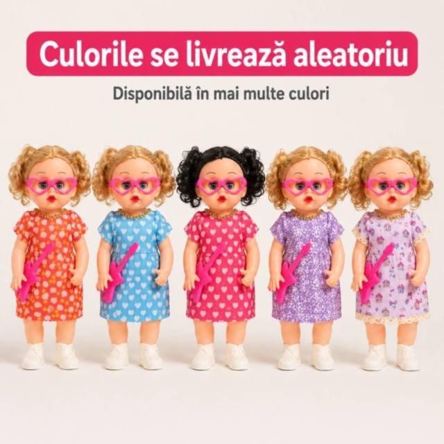 Păpușă muzicală cu ochelari, chitară și ochi mobili