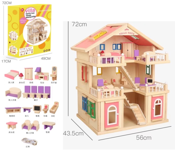 Casă de Păpuși din Lemn Natural cu Mobilier 