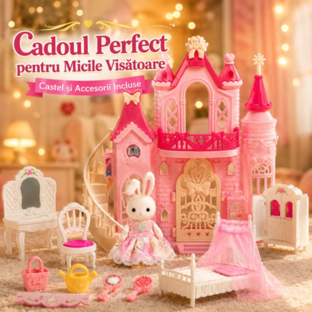 Castel Roz pentru Păpuși cu Iepuraș și Mobilier