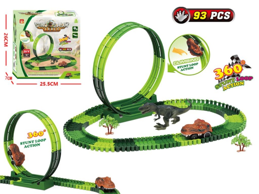 Pista Auto "Dino Park" 93 Elemente, Circuit Flexibil, Mașinuță și Dinozauri