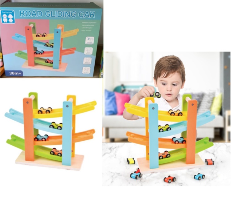 Pista cu 4 Rampe și 4 Mașinuțe din Lemn