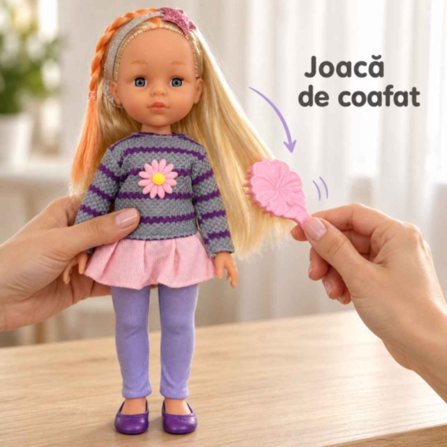 Păpușă blondă de 32 cm cu perie pentru coafat