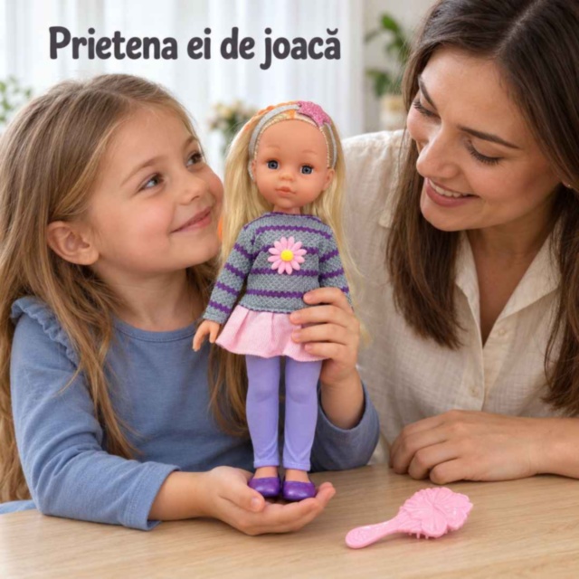 Păpușă blondă de 32 cm cu perie pentru coafat