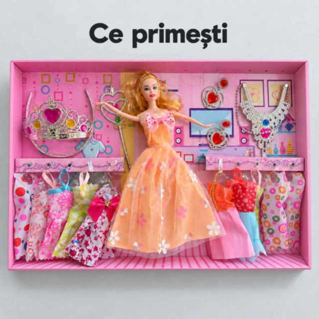 Set păpușă cu rochițe și bijuterii de prințesă, 29 cm