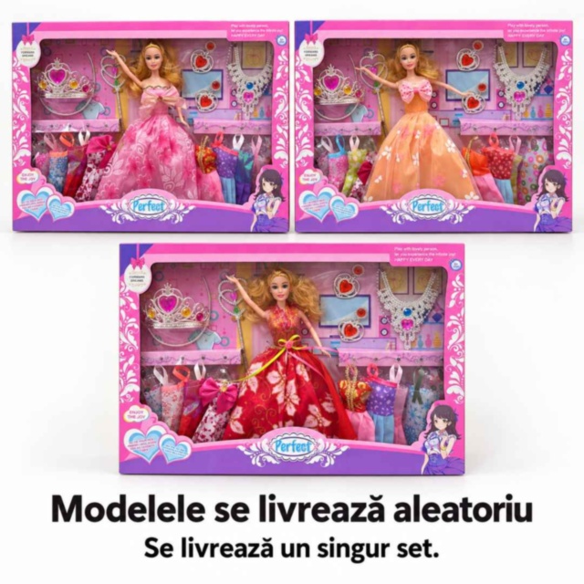 Set păpușă cu rochițe și bijuterii de prințesă, 29 cm