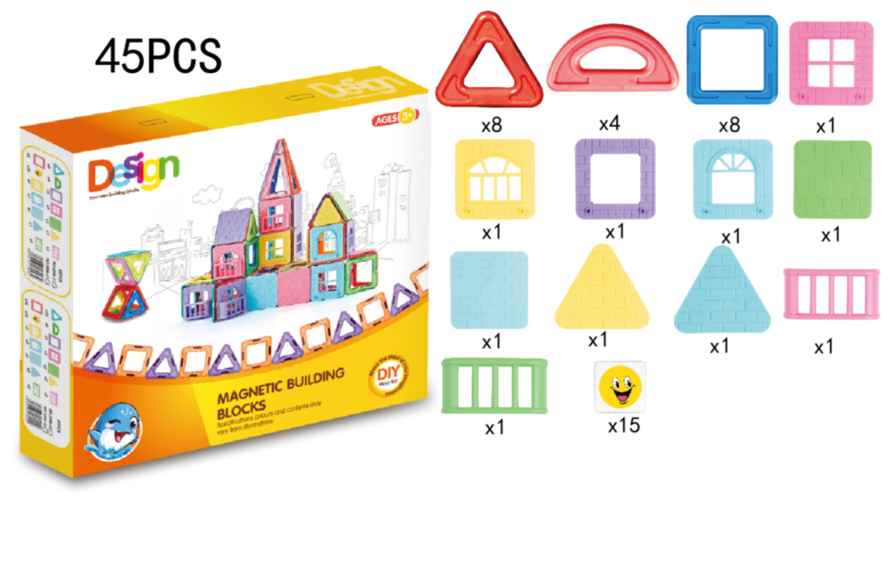 Constructor Magnetic cu Figuri Geometrice, 45 piese