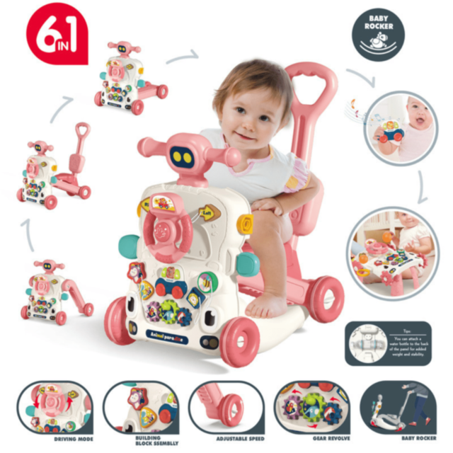 Centru 6 în 1 Roz pentru Bebeluși – Antemergător, Masă de Joacă și Trotinetă