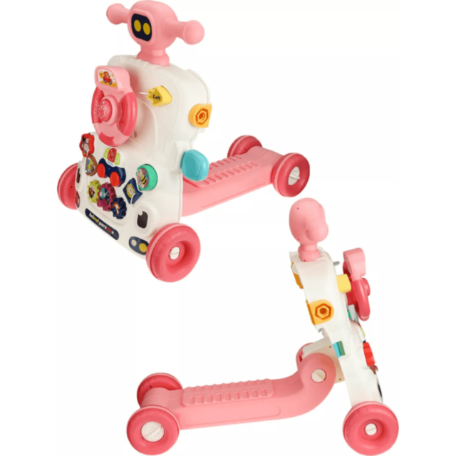 Centru 6 în 1 Roz pentru Bebeluși – Antemergător, Masă de Joacă și Trotinetă