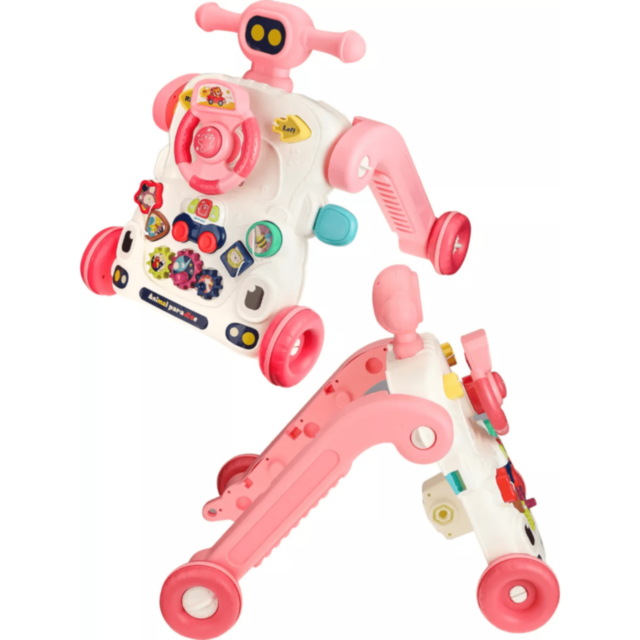 Centru 6 în 1 Roz pentru Bebeluși – Antemergător, Masă de Joacă și Trotinetă