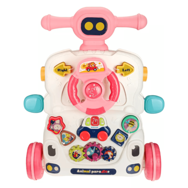 Centru 6 în 1 Roz pentru Bebeluși – Antemergător, Masă de Joacă și Trotinetă