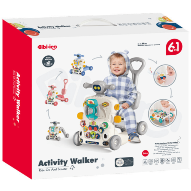 Centru 6 în 1 Roz pentru Bebeluși – Antemergător, Masă de Joacă și Trotinetă