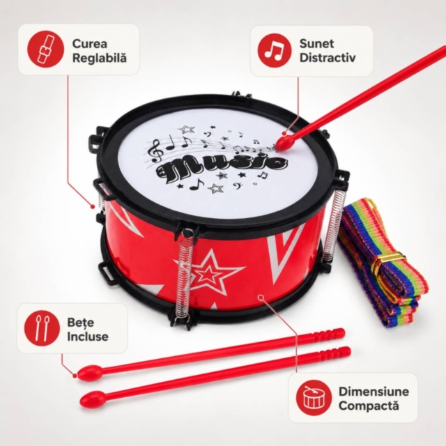 Tobă Muzicală pentru Copii cu Curea Reglabilă