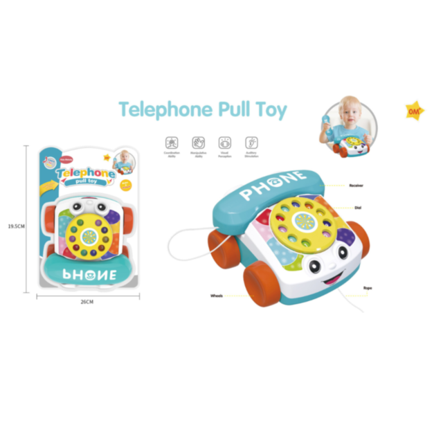 Telefon de jucărie cu roți și ață de tras – culori vesele