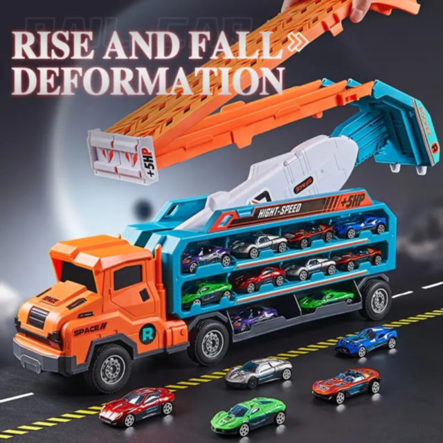 Camion Transporter cu Piste de Curse și Mașinuțe – Model „Rocket” (galben)